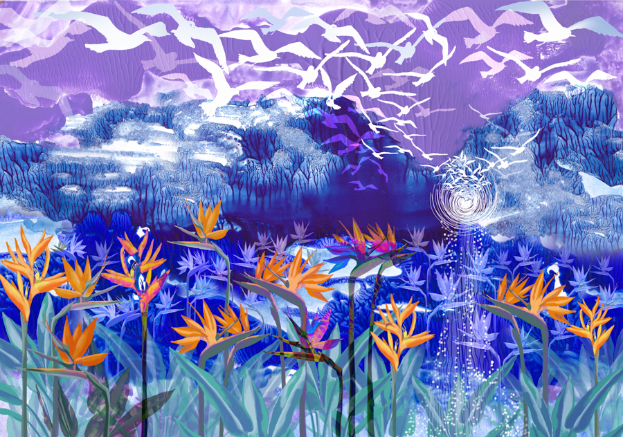 Illustration “Birds of paradise in the exotic garden”
